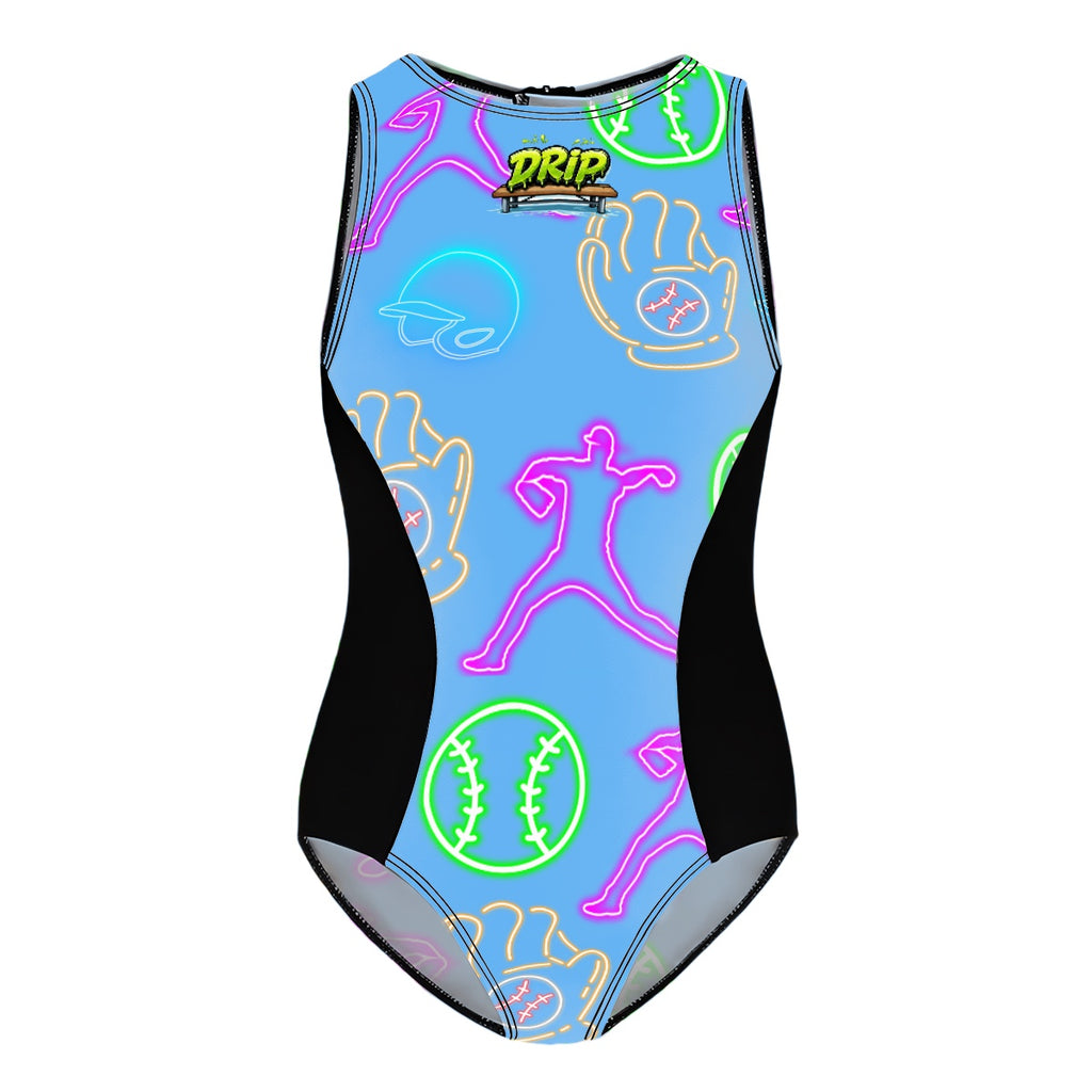 Girls One Piece Swimsuits Sky Blue Neon Lights