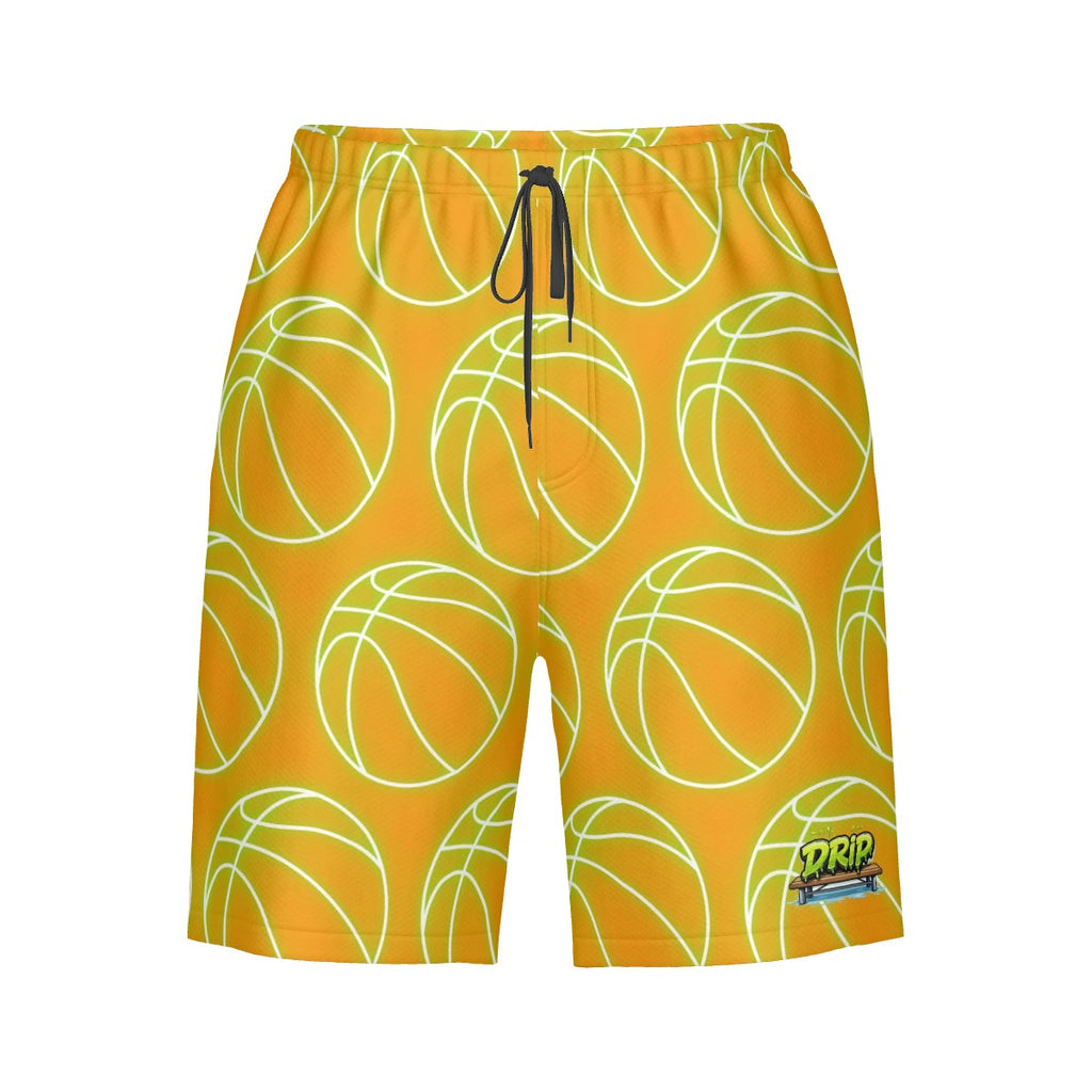 Men/Teen Swim Shorts - Neon Green Basketballs Orange