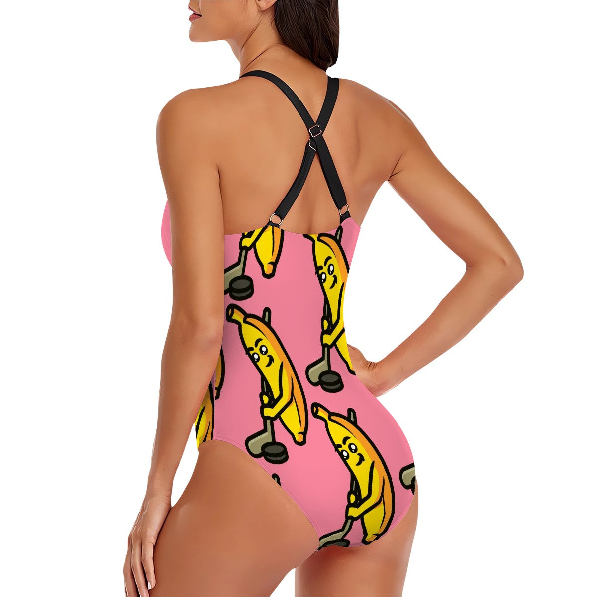 Cross-Back One Piece Swimsuit Women - Bananas about Hockey Pink