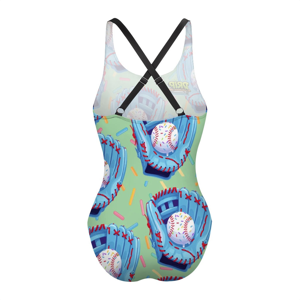 Cross-Back One Piece Swimsuit Women - Baseball Sprinkles Drip Mint Green