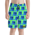Youth Swim Shorts - Neon Blue Hockey Nets Hot Green