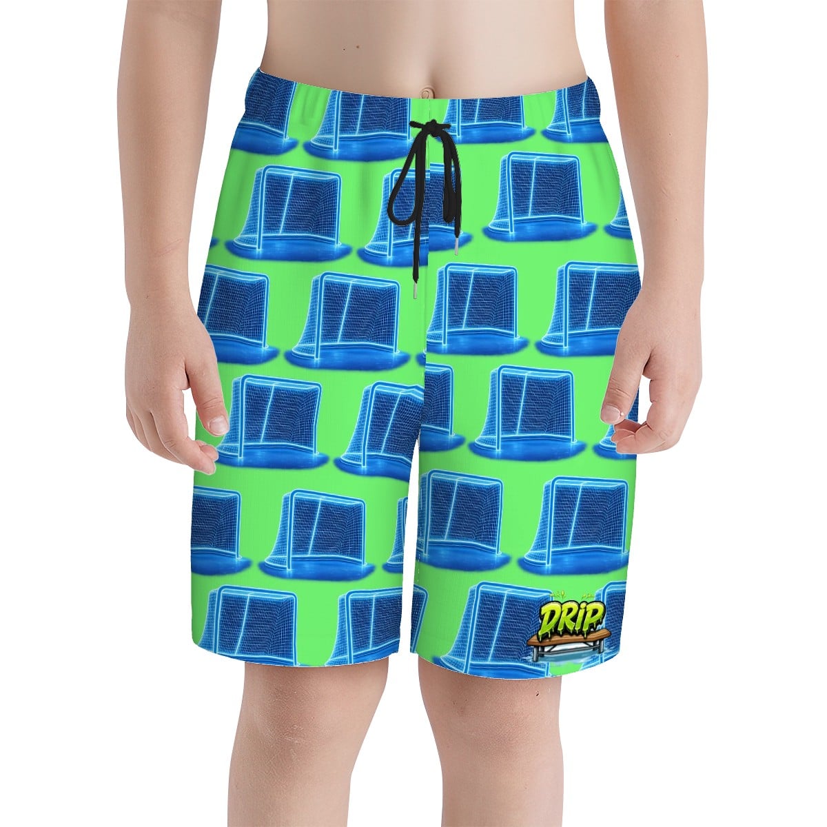 Youth Swim Shorts - Neon Blue Hockey Nets Hot Green