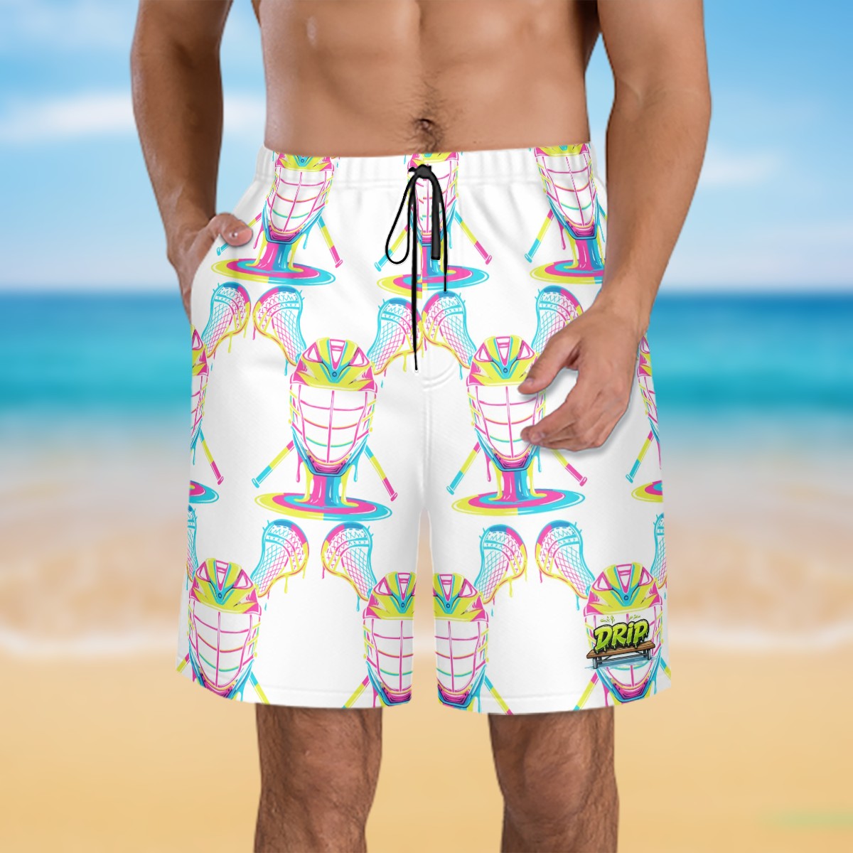 Men/Teen Swim Shorts - Lacrosse Rainbow Drip White