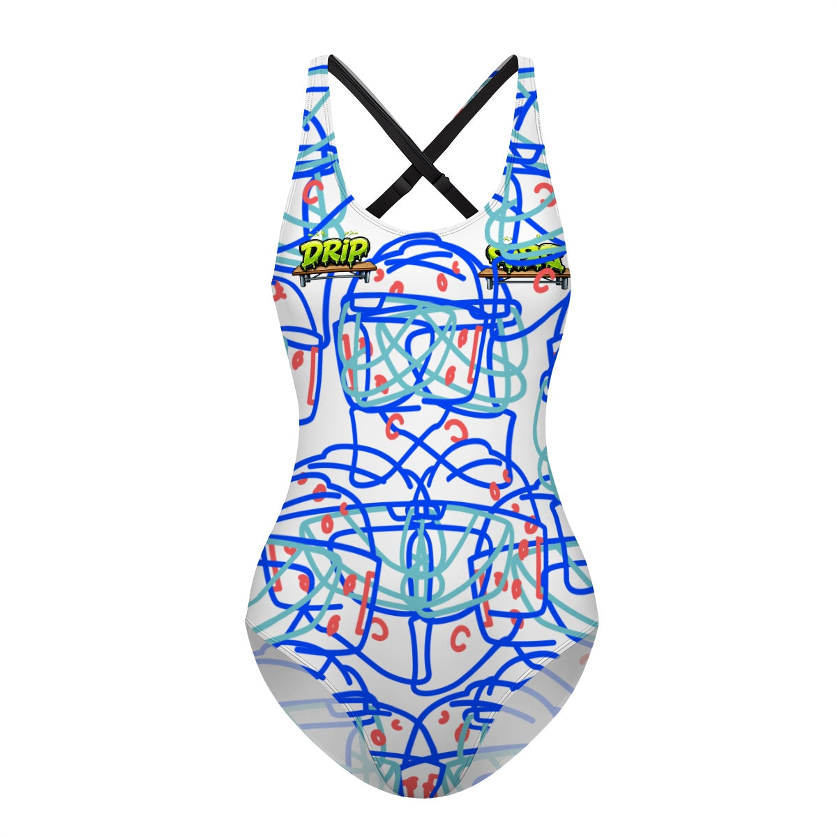Cross-Back One Piece Swimsuit Women - Goalie Helmet Sketch White