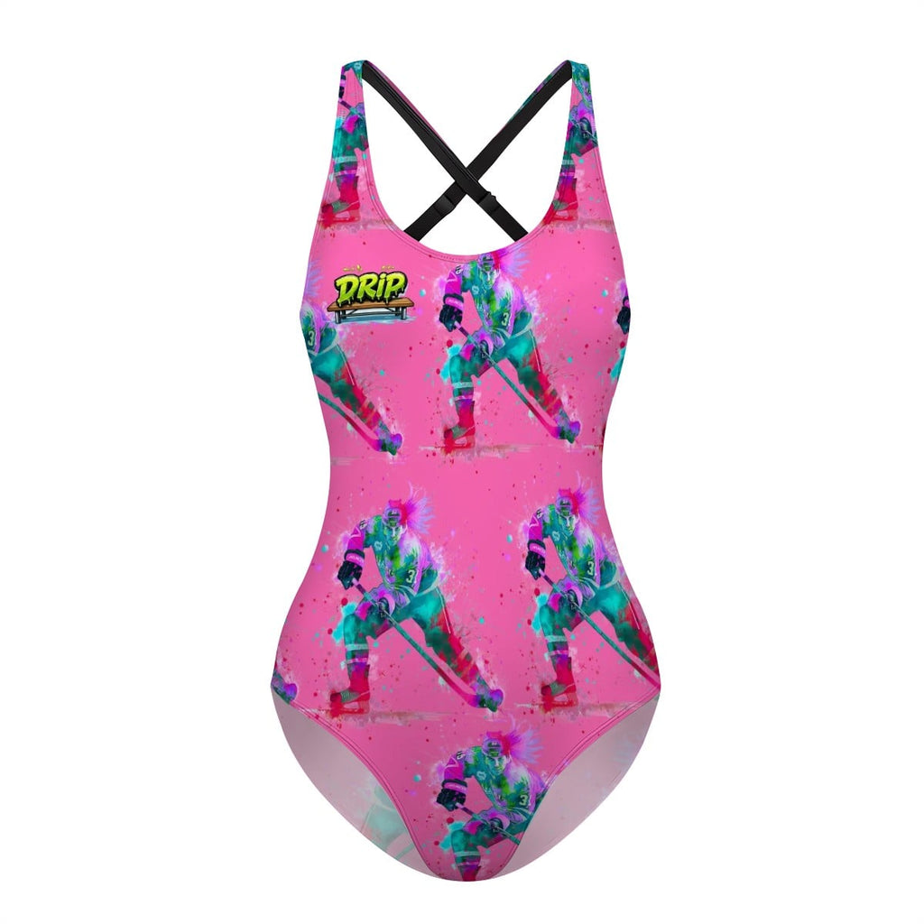 Cross-Back One Piece Swimsuit Women - Hockey Drip Flo Hot Pink
