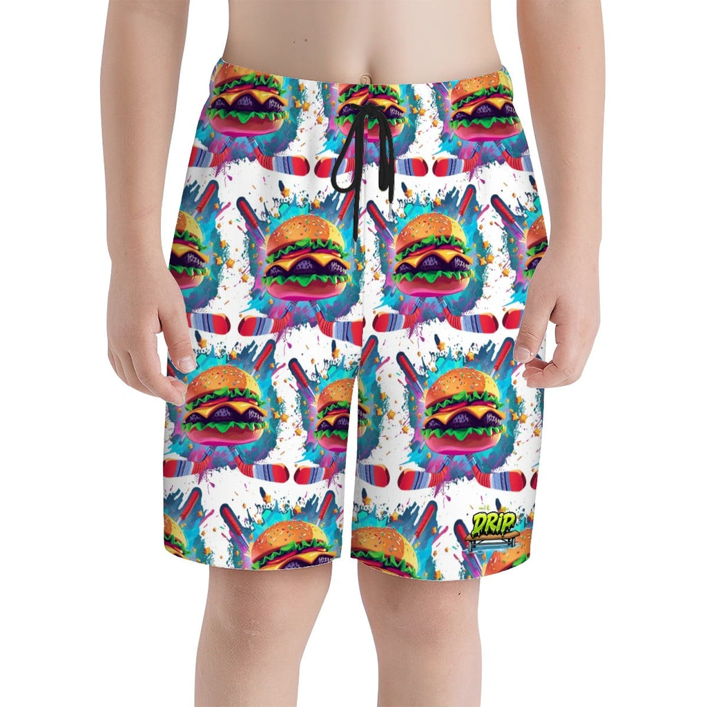 Youth Swim Shorts - Cheeseburger and Hockey Sauce White