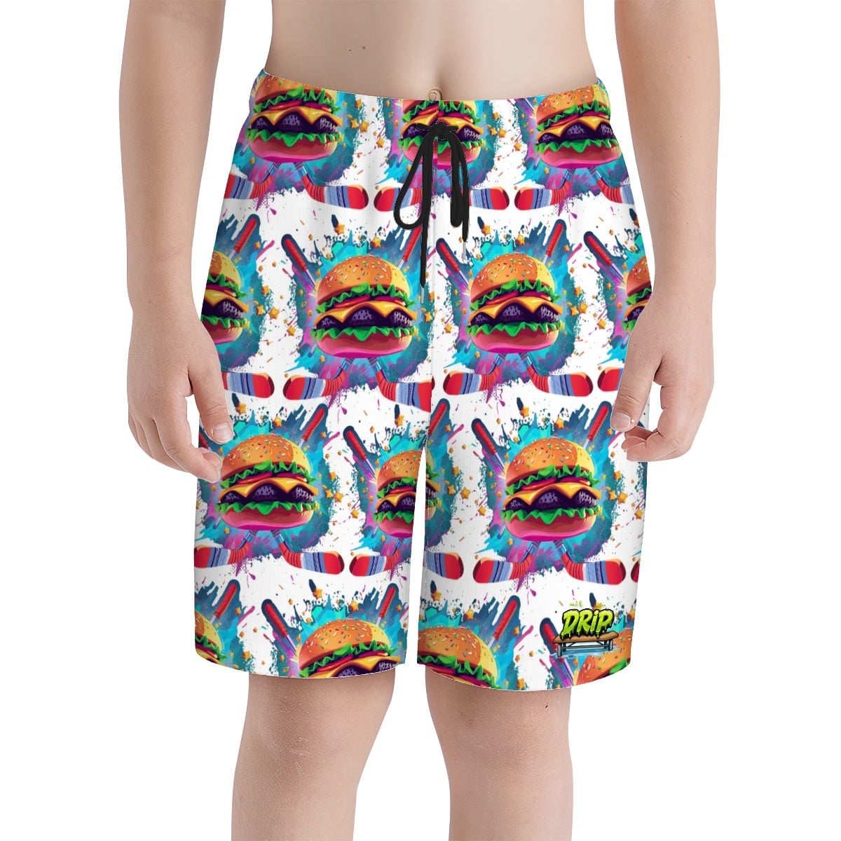 Youth Swim Shorts - Cheeseburger and Hockey Sauce White