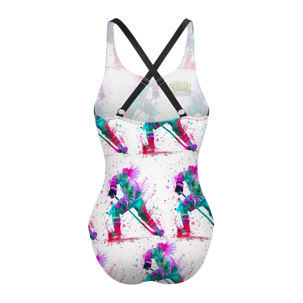 Cross-Back One Piece Swimsuit Women - Hockey Drip Flo White