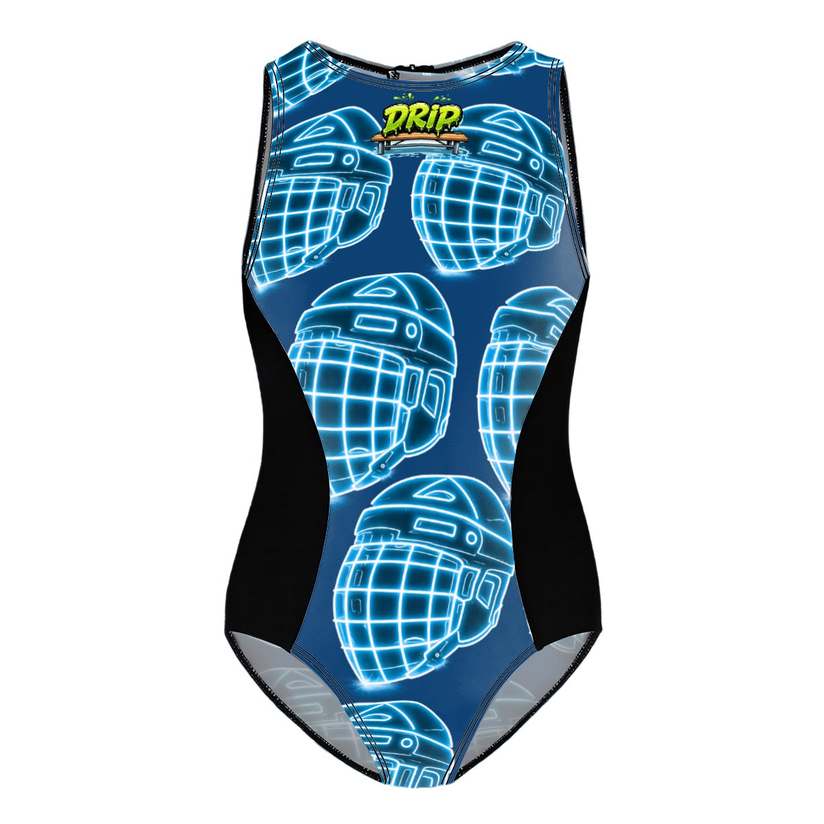 Girls One Piece Swimsuits Hockey Helmet Neon Blue Midnight