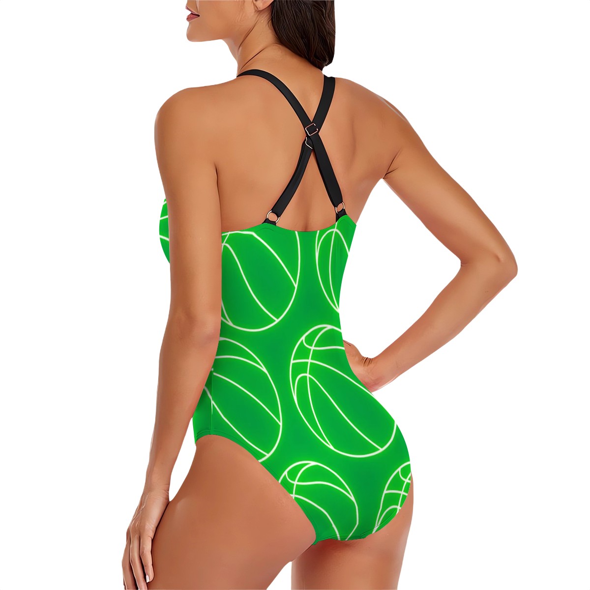 Cross-Back One Piece Swimsuit Women/Teen - Neon Green Basketballs Classic Green