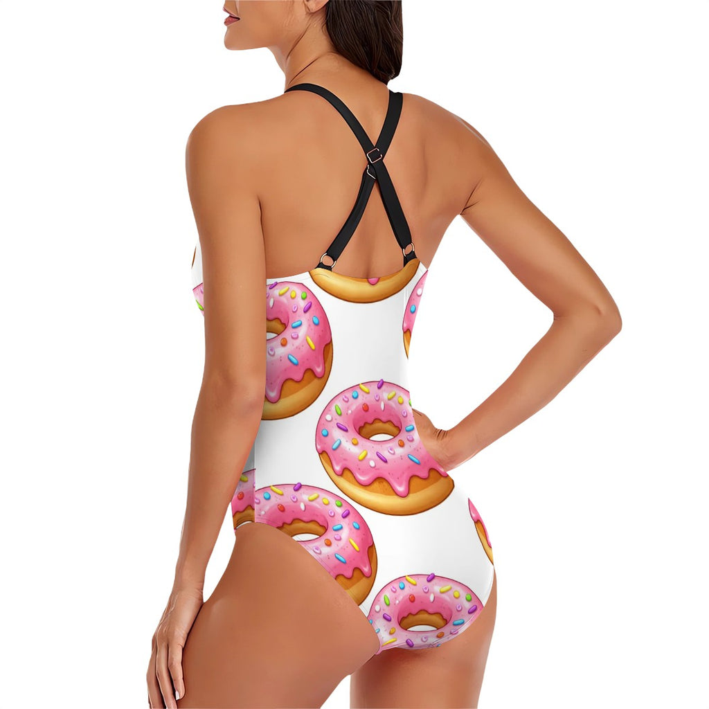 Cross-Back One Piece Swimsuit Women - Pink Donuts White