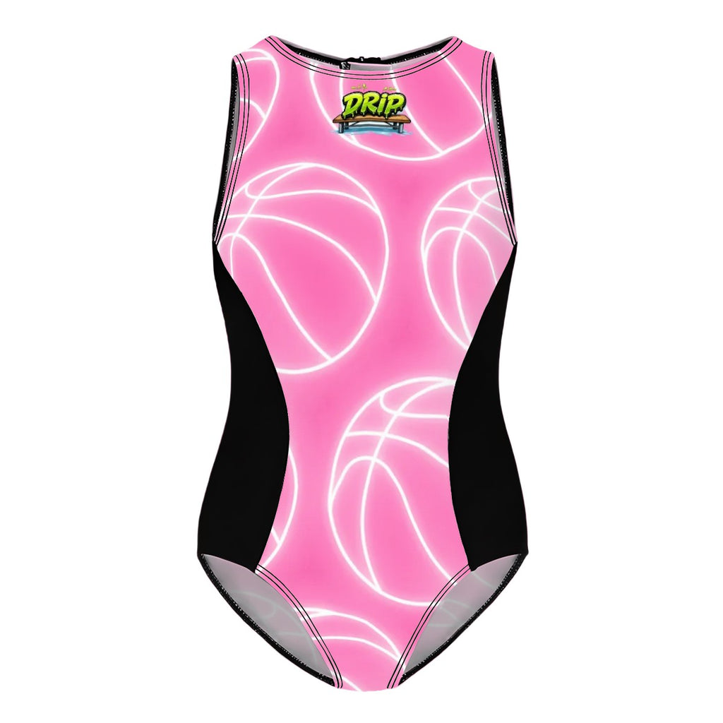 Girls One Piece Swimsuits - Neon White Basketballs Pink