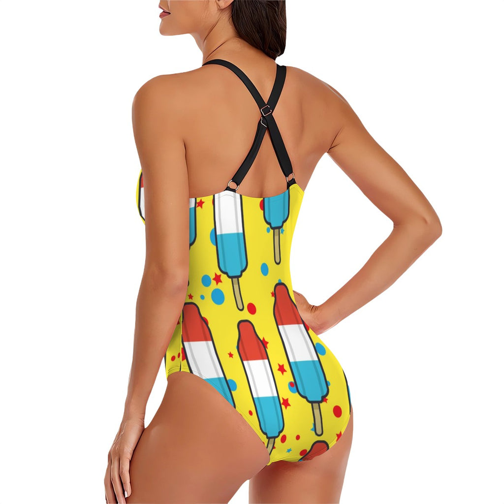 Cross-Back One Piece Swimsuit Women - Red White and Blue Pop Yellow