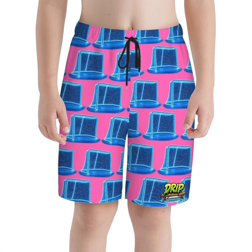 Youth Swim Shorts - Neon Blue Hockey Nets Hot Pink