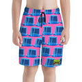 Youth Swim Shorts - Neon Blue Hockey Nets Hot Pink