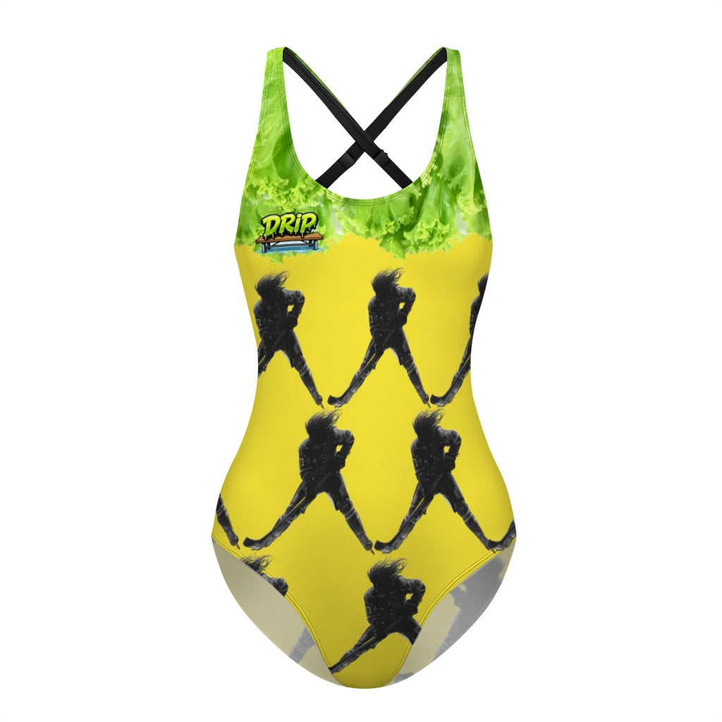 Cross-Back One Piece Swimsuit Women - Hockey Lettuce Hair Flo Yellow