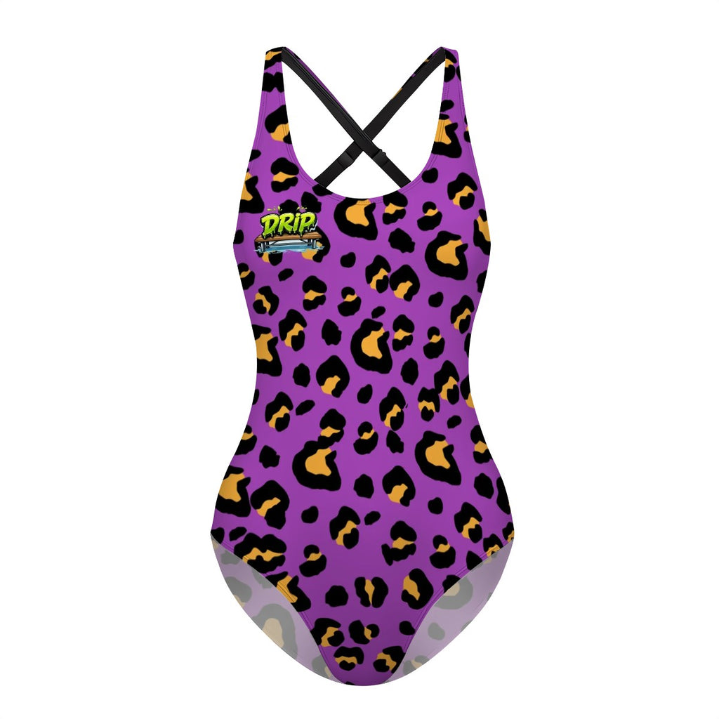 Cross-Back One Piece Swimsuit Women - Drip Bench Leopard Purple