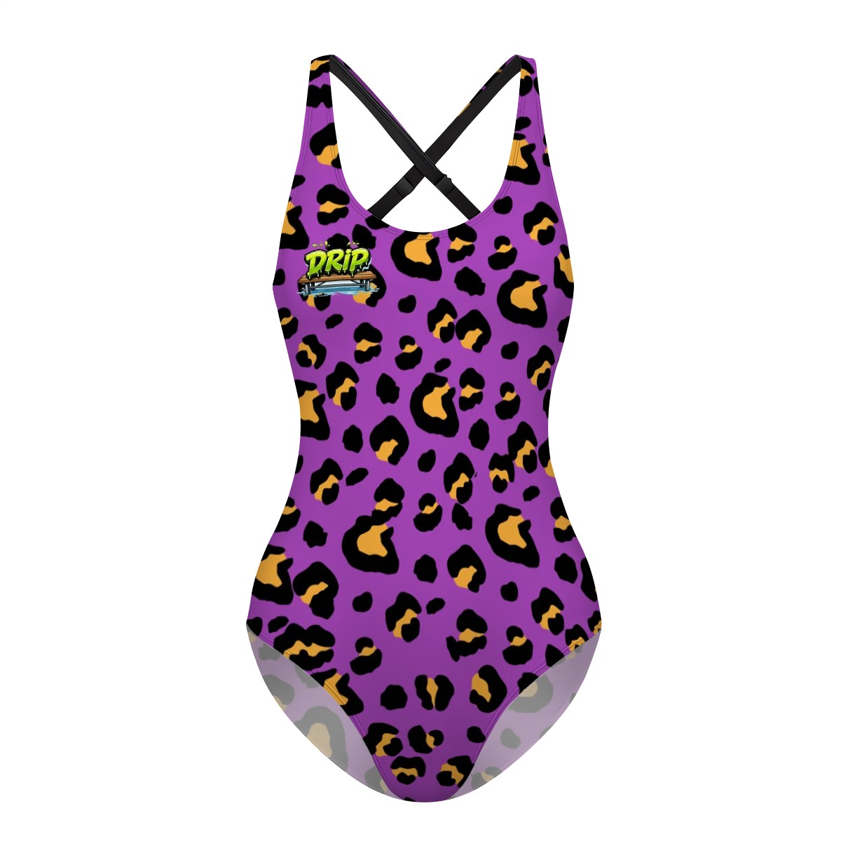 Cross-Back One Piece Swimsuit Women - Drip Bench Leopard Purple