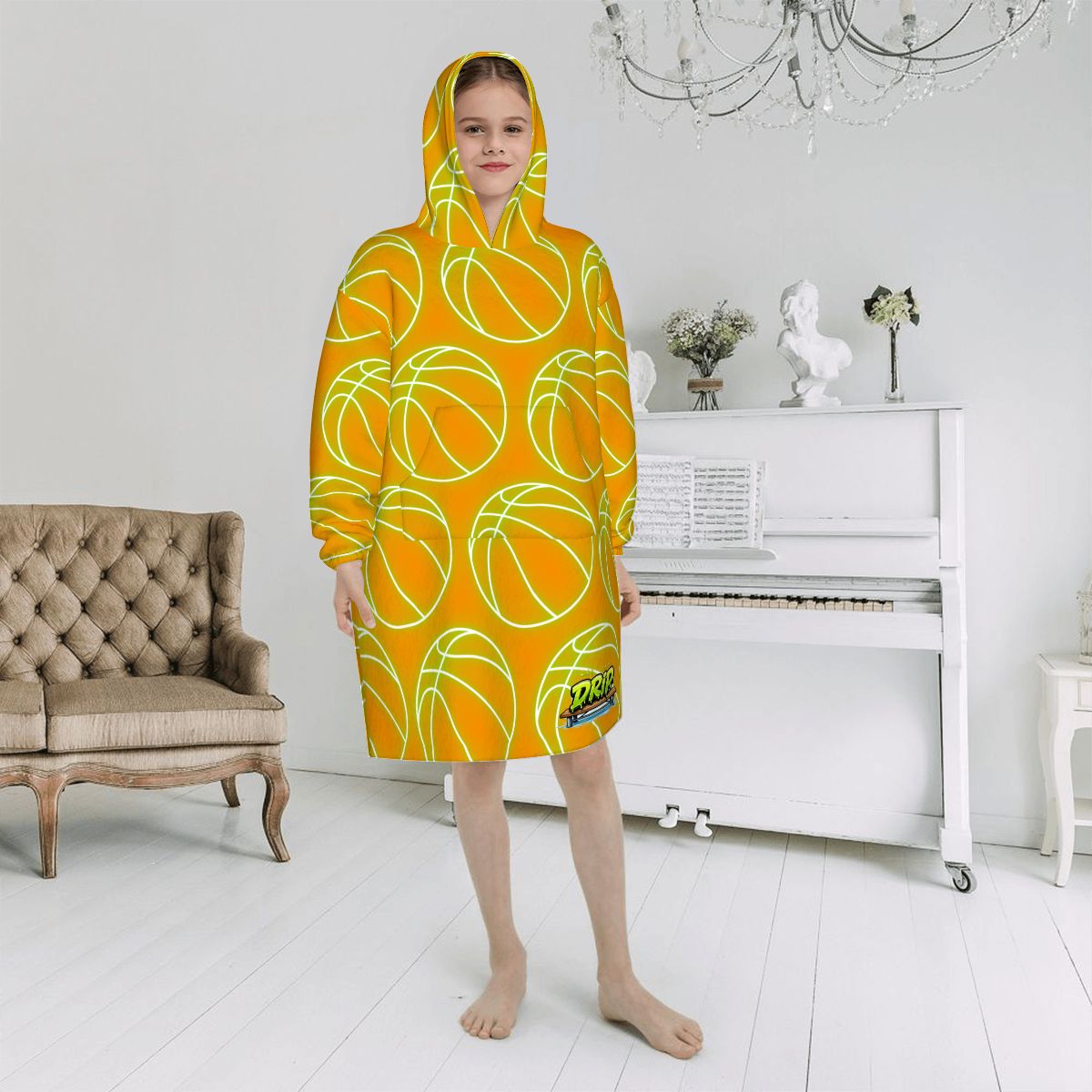Youth Blanket Sweatshirt - Neon Green Basketballs Orange