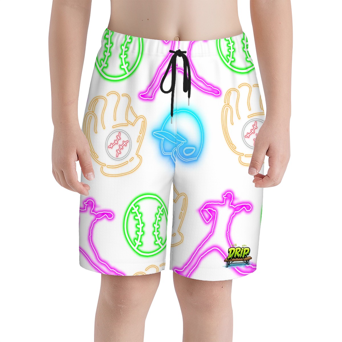 Youth Swim Shorts - Baseball Neon Lights White