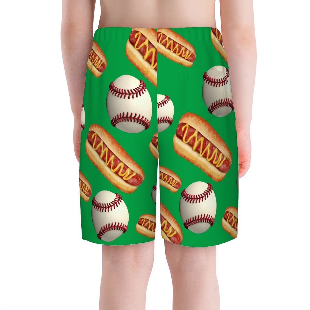 Youth Swim Shorts - Baseball and Hotdogs Green