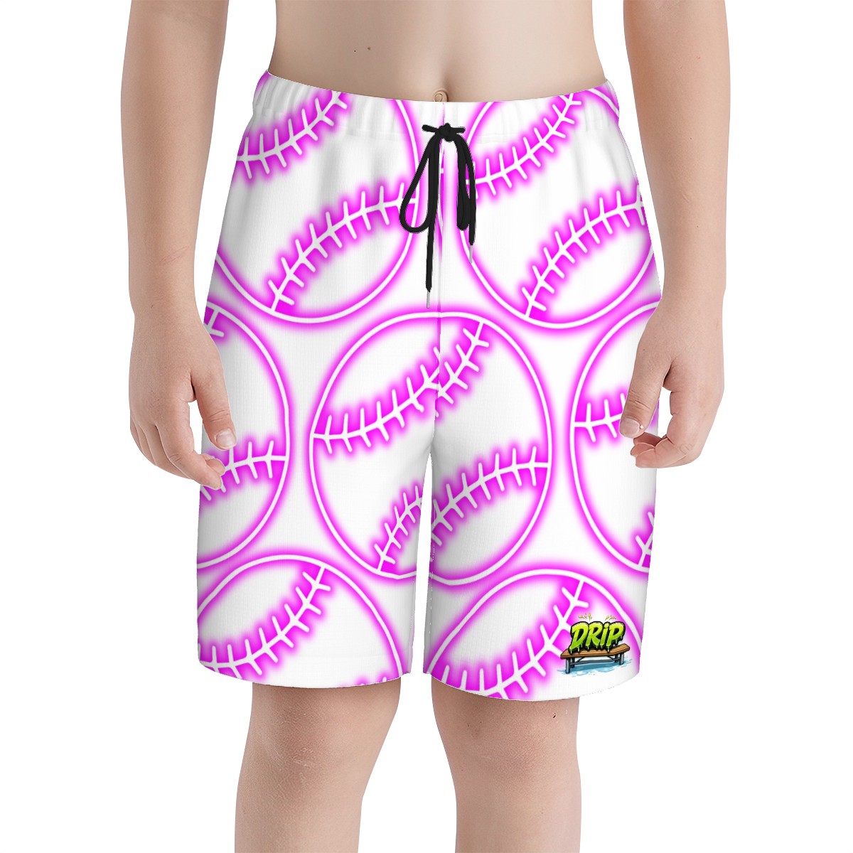 Youth Swim Shorts - Neon Pink Baseball White