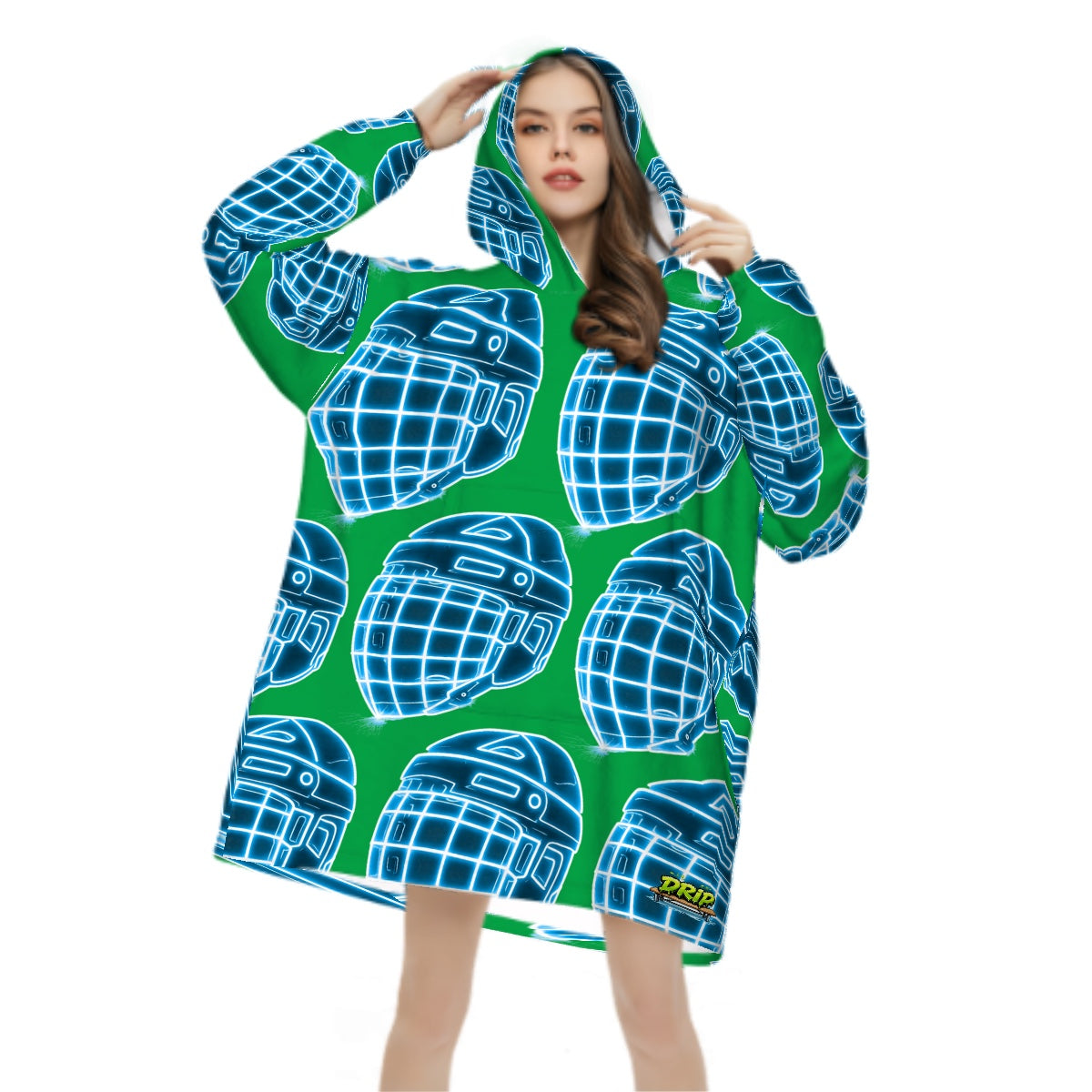 Adult Blanket Sweatshirt - Hockey Helmet Neon Blue Green