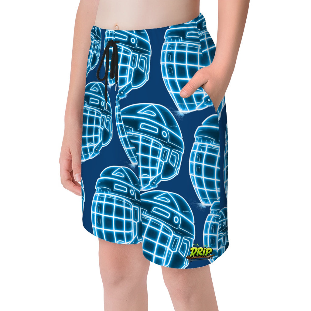 Youth Swim Shorts - Hockey Helmet Neon Blue Midnight