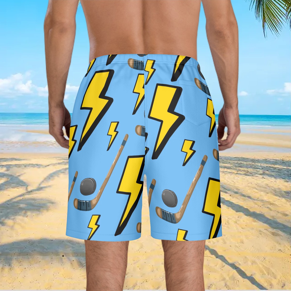 Men/Teen Swim Shorts - Lightning Bolts and Hockey Sticks Sky Blue