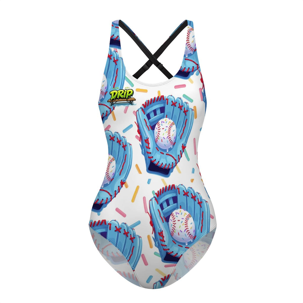 Cross-Back One Piece Swimsuit Women - Baseball Sprinkles Drip White