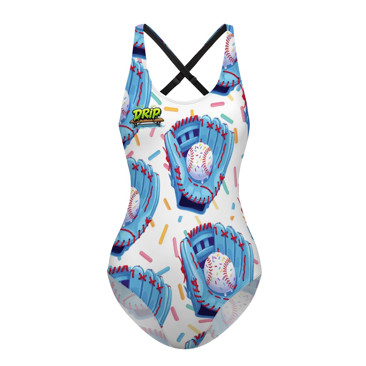 Cross-Back One Piece Swimsuit Women - Baseball Sprinkles Drip White