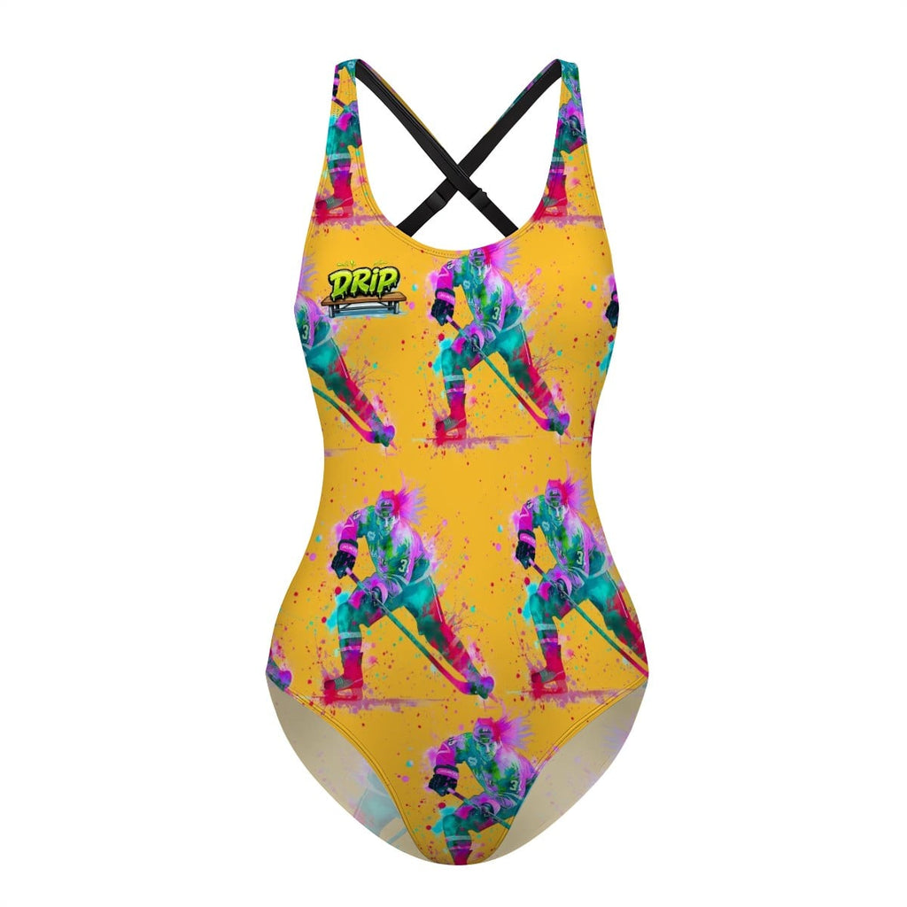 Cross-Back One Piece Swimsuit Women - Hockey Drip Flo Light Orange