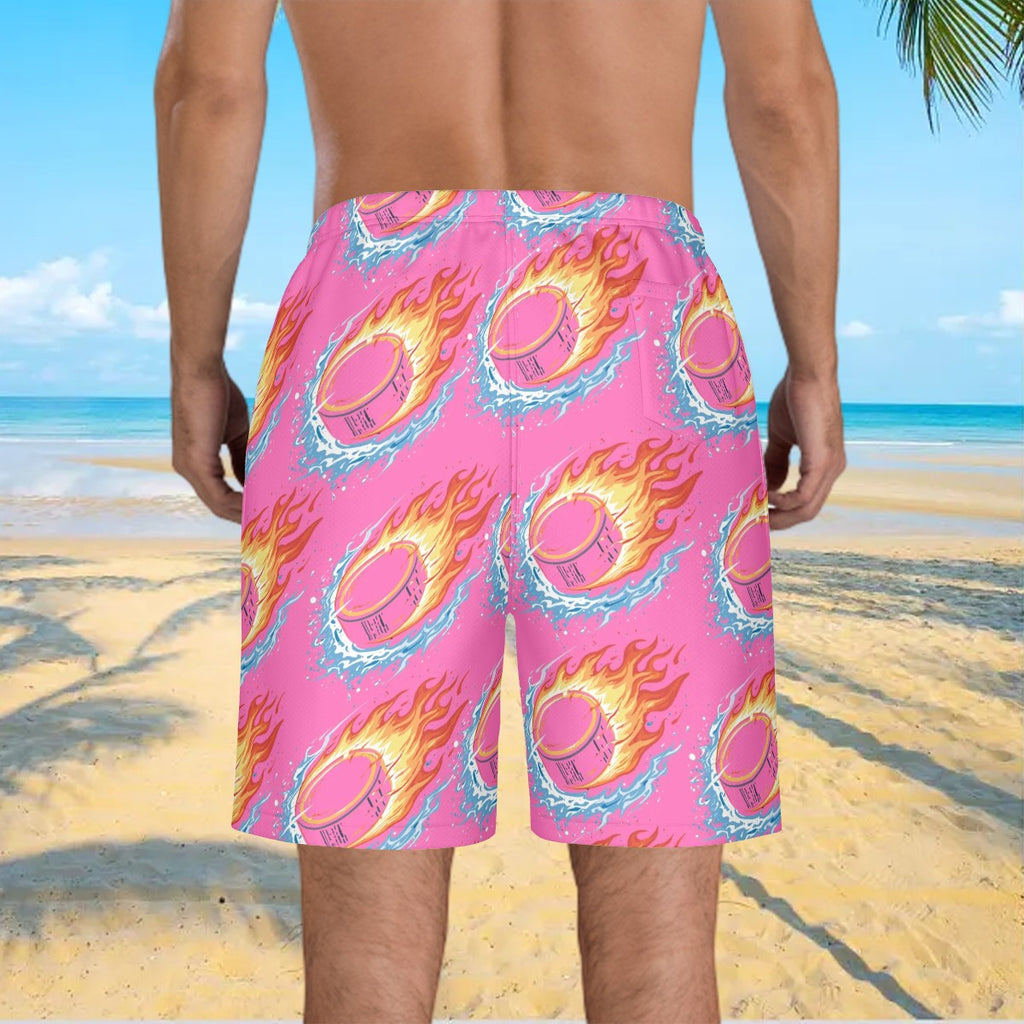 Men/Teen Swim Shorts- Flamin Hockey Pucks Hot Pink