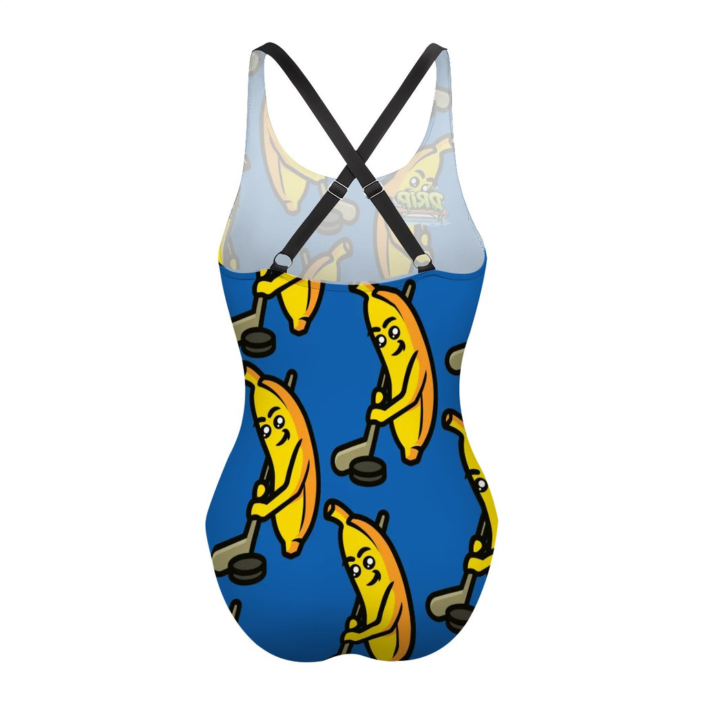 Cross-Back One Piece Swimsuit Women - Bananas about Hockey Dark Blue