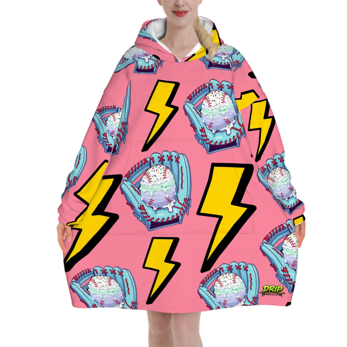 Adult Blanket Sweatshirt - Lightning Bolts and Baseball Ice Cream Drip Pink