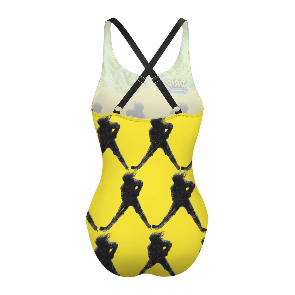 Cross-Back One Piece Swimsuit Women - Hockey Lettuce Hair Flo Yellow