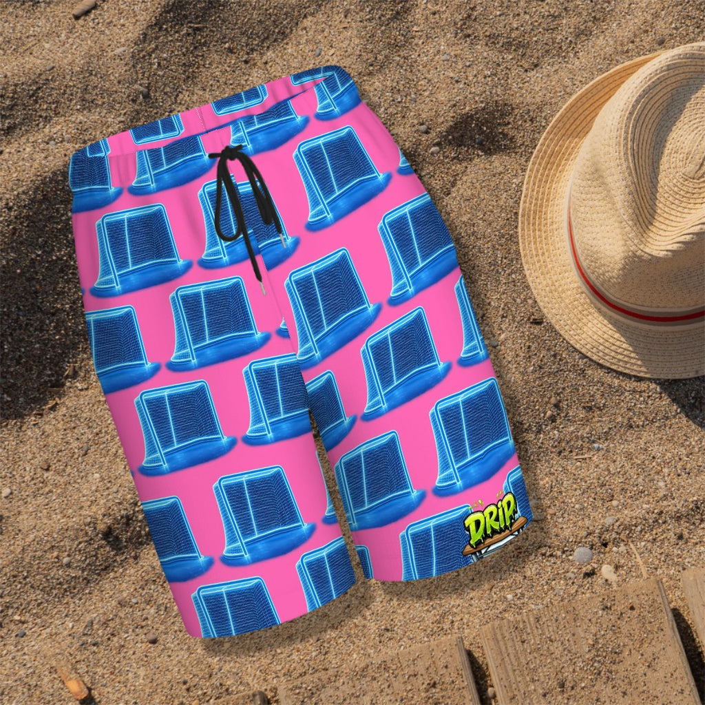 Youth Swim Shorts - Neon Blue Hockey Nets Hot Pink