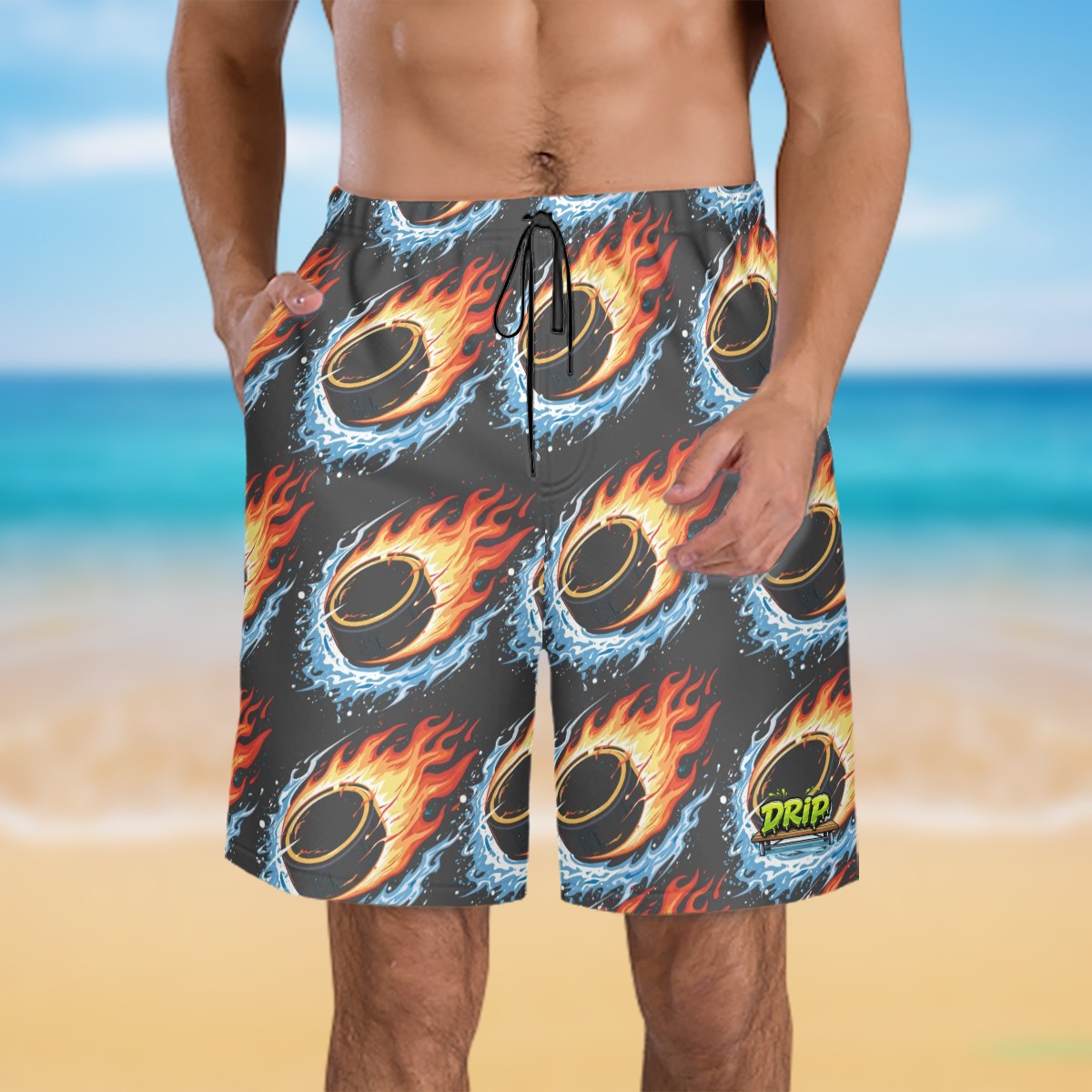 Men/Teen Swim Shorts - Flamin Hockey Pucks Charcoal