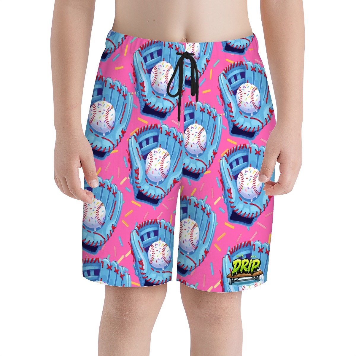 Youth Swim Shorts - Baseball Sprinkles Drip Hot Pink