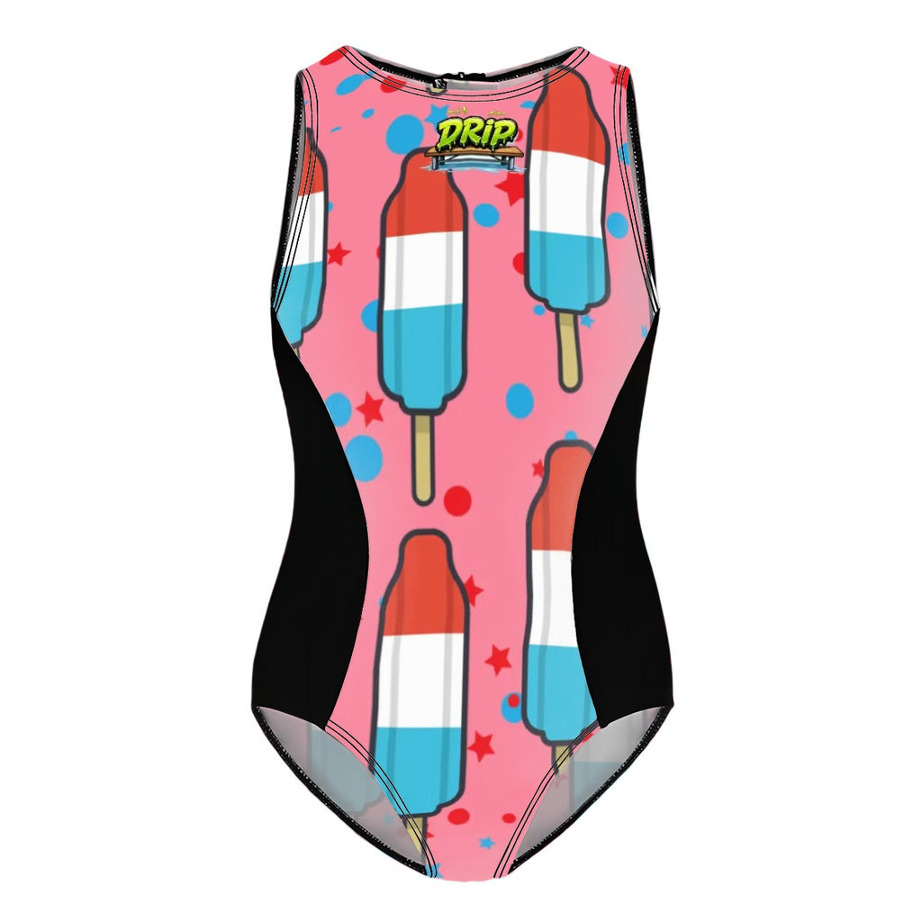 Girls One Piece Swimsuit - Red White and Blue Pop Pink