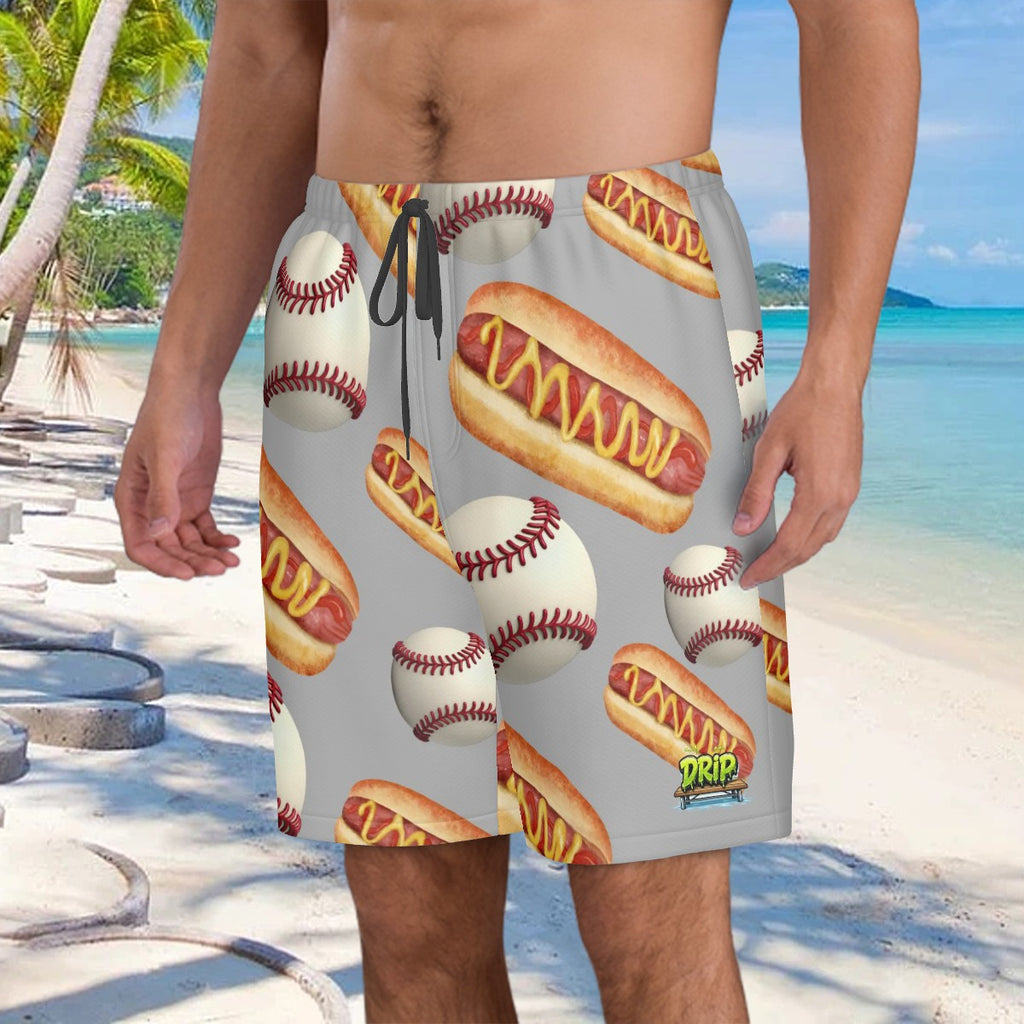 Men/Teen Swim Shorts - Baseballs and Hotdogs Grey