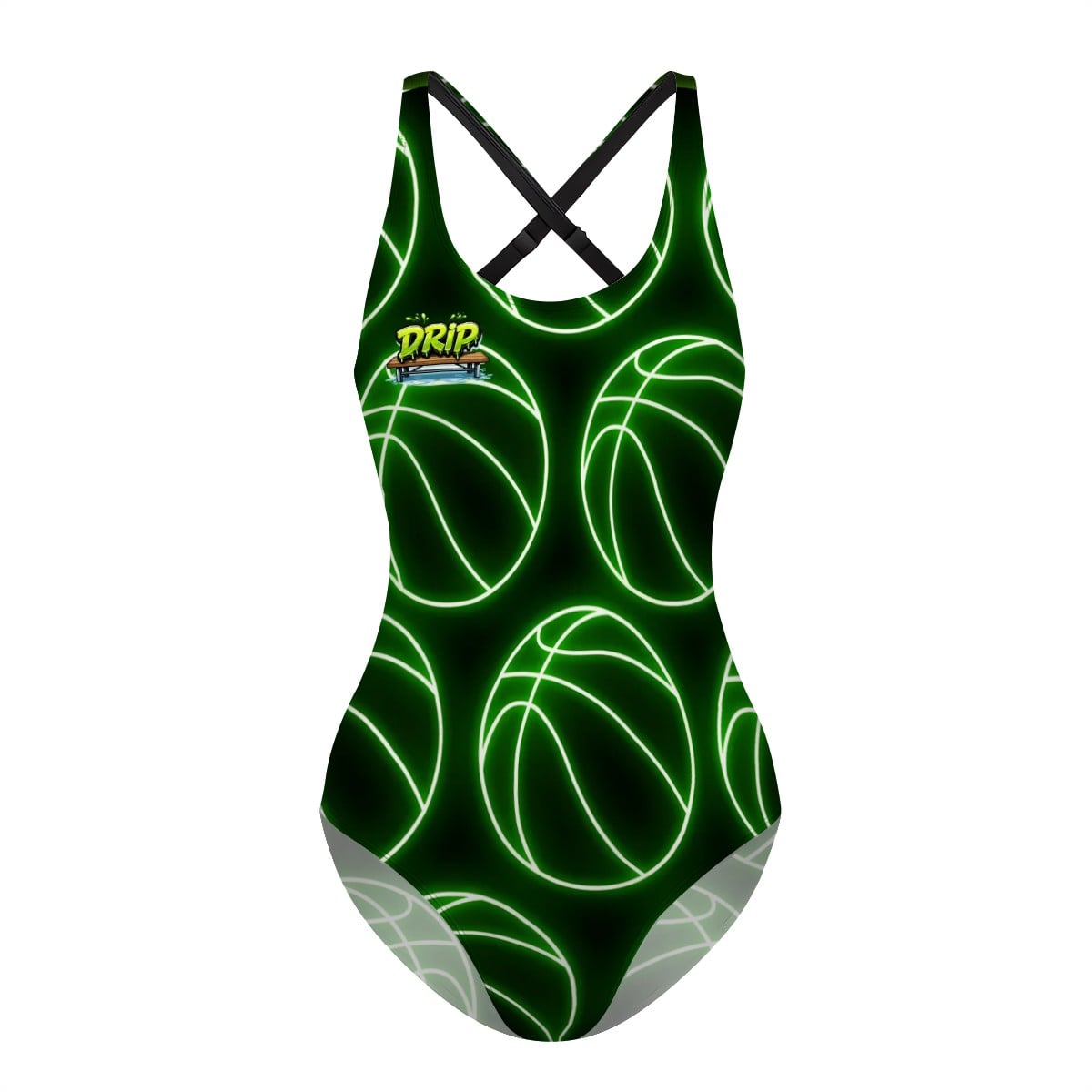 Cross-Back One Piece Swimsuit Women/Teen - Neon Green Basketballs Black