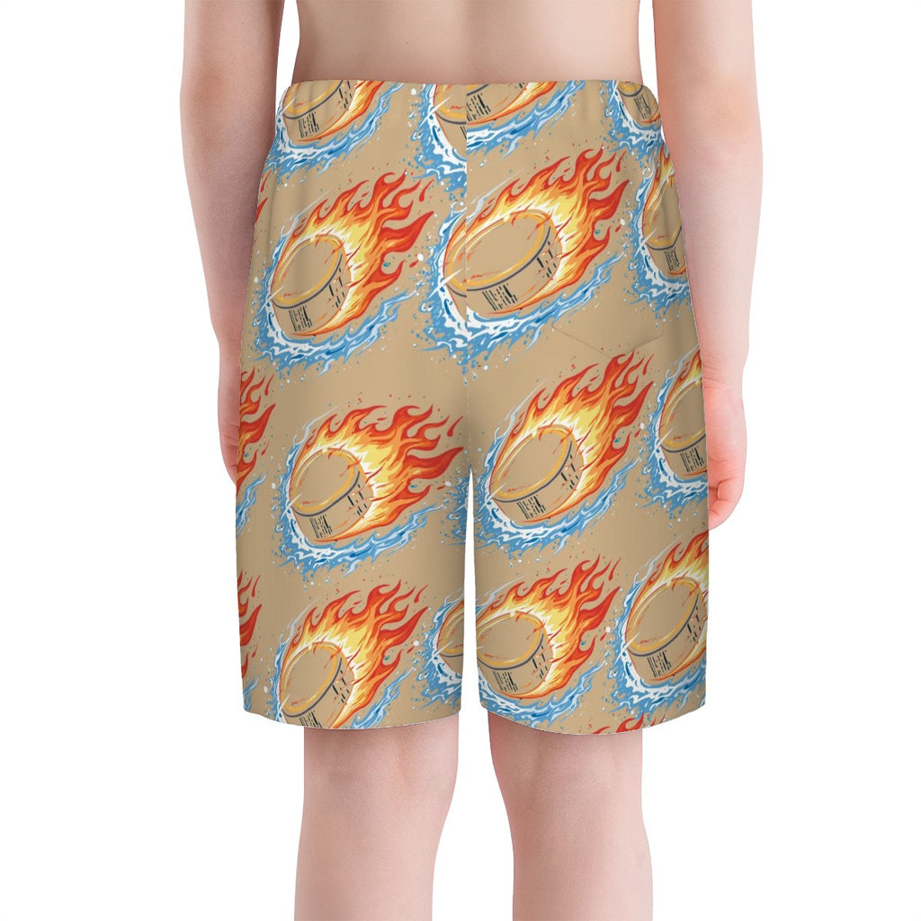 Youth Swim Shorts - Flamin Hockey Pucks Beige