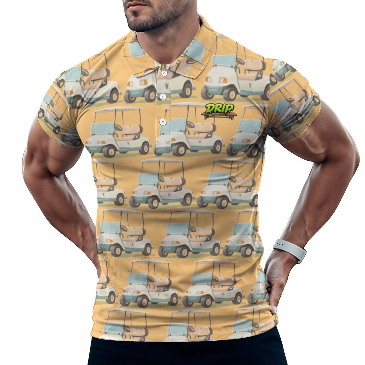 Uncle Golf Shirt - Golf Cart Sketch Vintage Gold