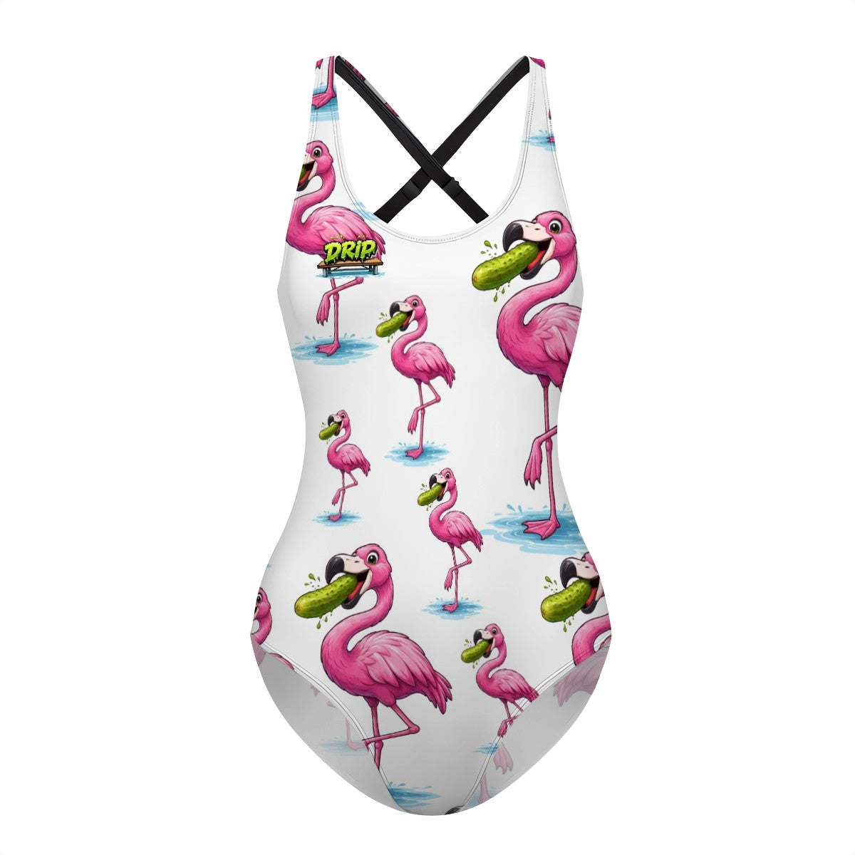 Cross-Back One Piece Swimsuit Women - Pickle Flamingo White