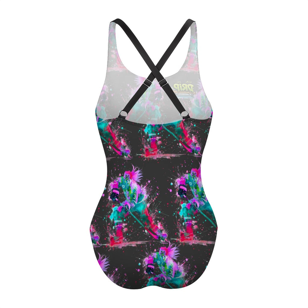 Cross-Back One Piece Swimsuit Women - Hockey Drip Flo Charcoal