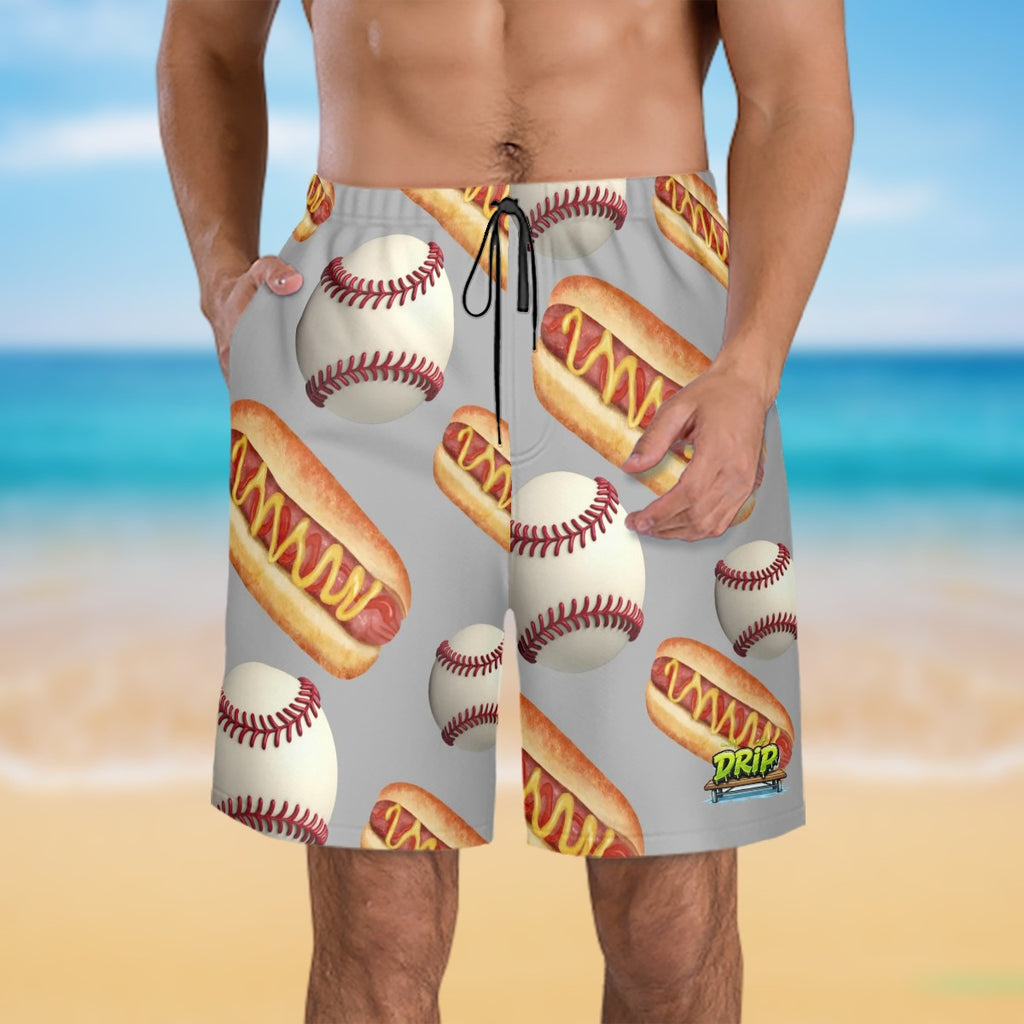 Men/Teen Swim Shorts - Baseballs and Hotdogs Grey