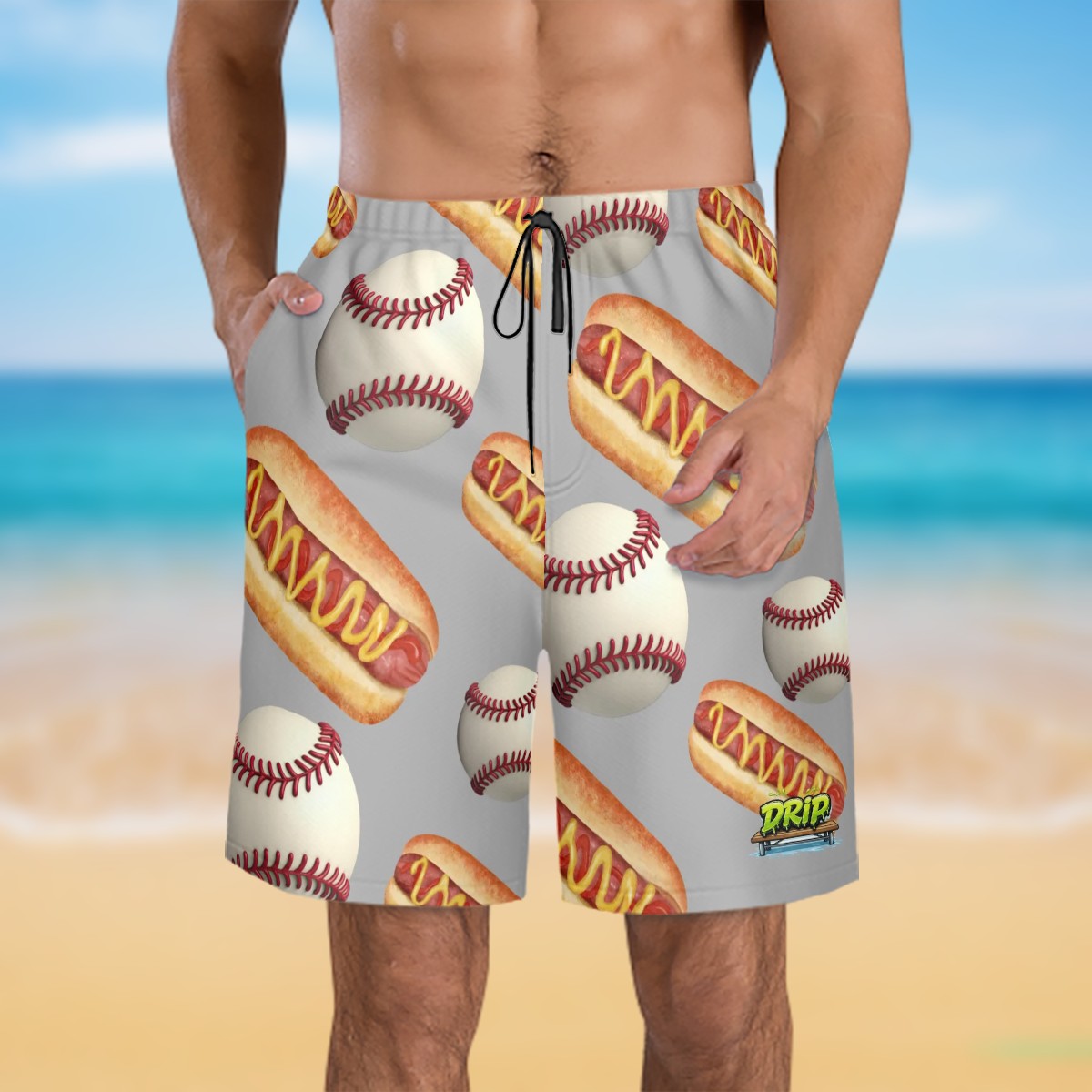 Men/Teen Swim Shorts - Baseballs and Hotdogs Grey