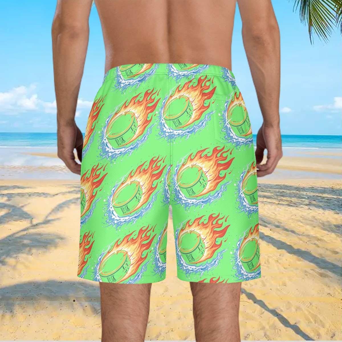 Men/Teen Swim Shorts - Flamin Hockey Pucks Hot Green