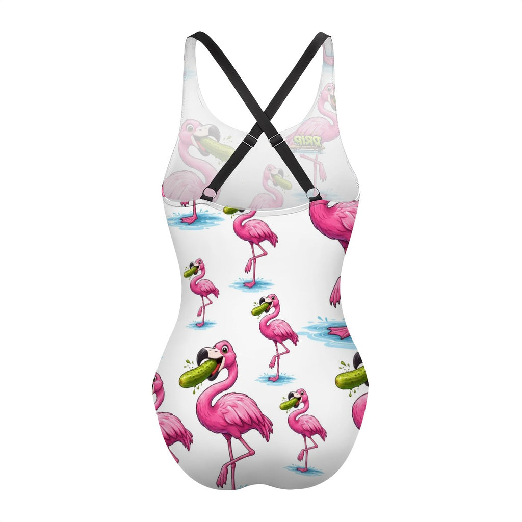 Cross-Back One Piece Swimsuit Women - Pickle Flamingo White